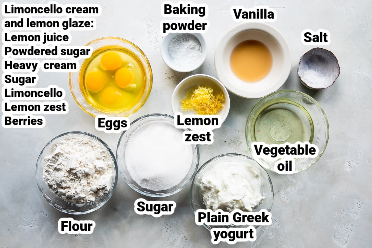 Labeled ingredients for lemon cake with limoncello cream.