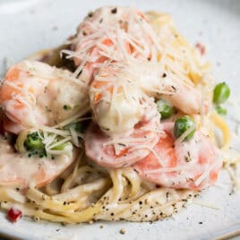 A plate of Shrimp Pasta Primavera.