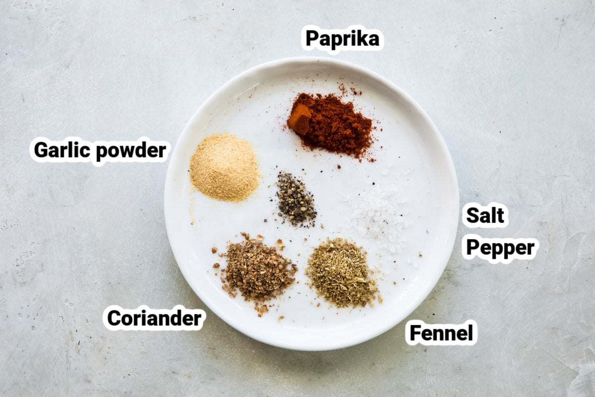 Labeled ingredients for pork spice blend.