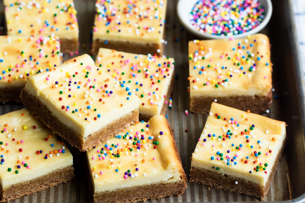 A pan filled with sugar cookie bar squares.