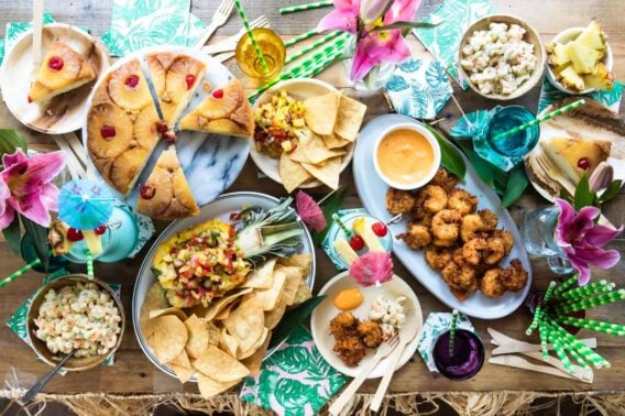 A table setting for a tropical party.