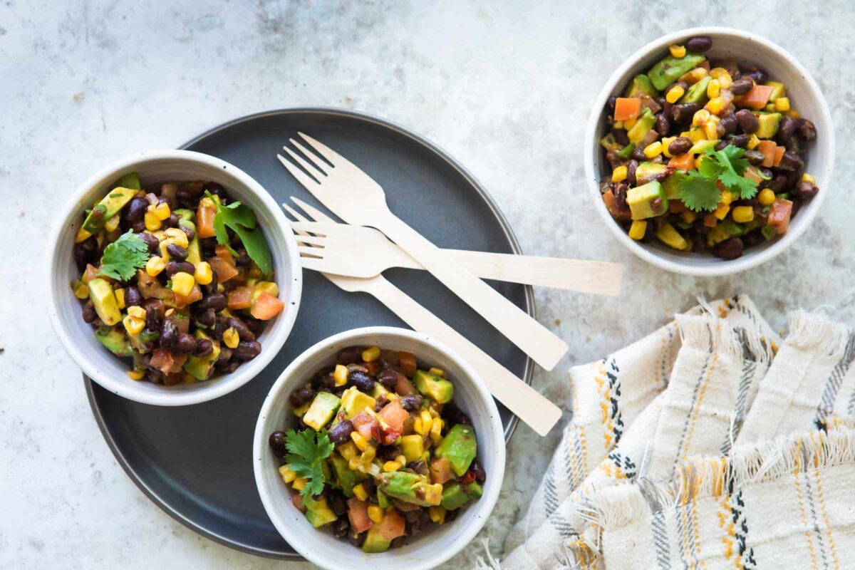 Black bean salad in three bowls.