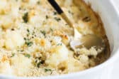 Cauliflower gratin in a casserole dish.