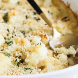 Cauliflower gratin in a casserole dish.