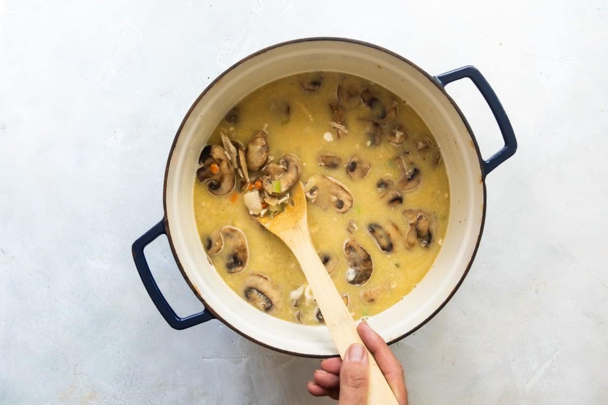 Someone stirring chicken wild rice soup.