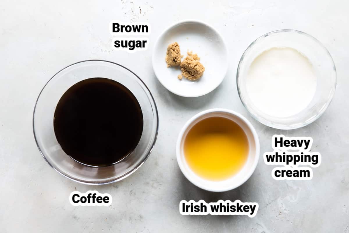 Labeled ingredients for Irish coffee.