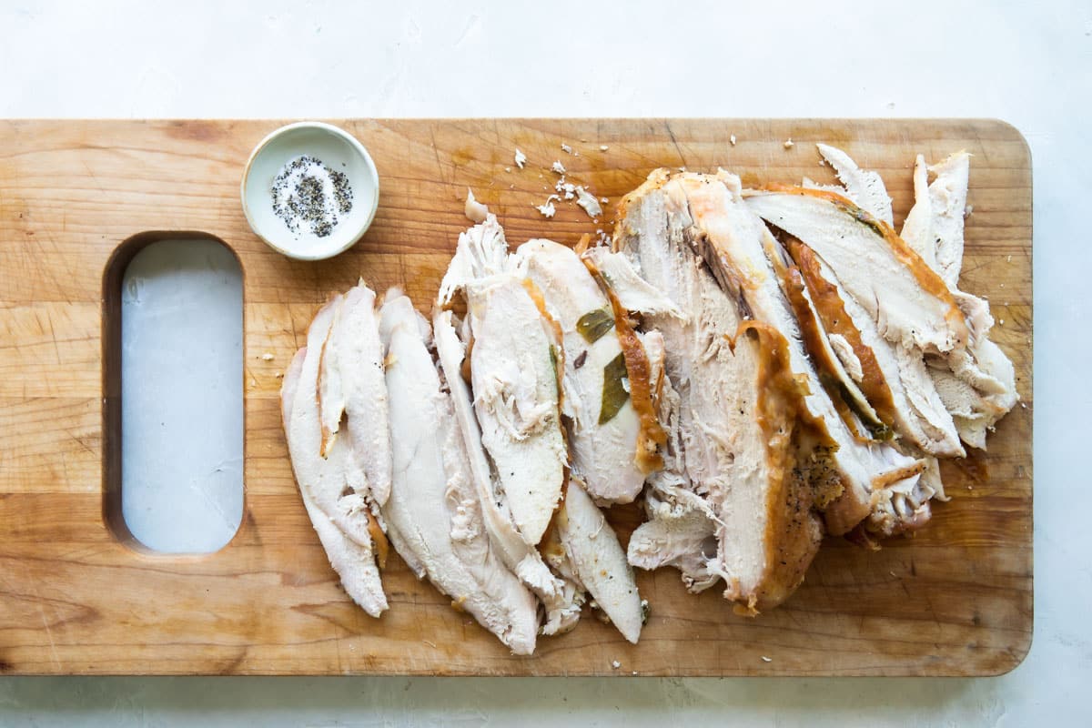 Slices of turkey breast on a cutting board.