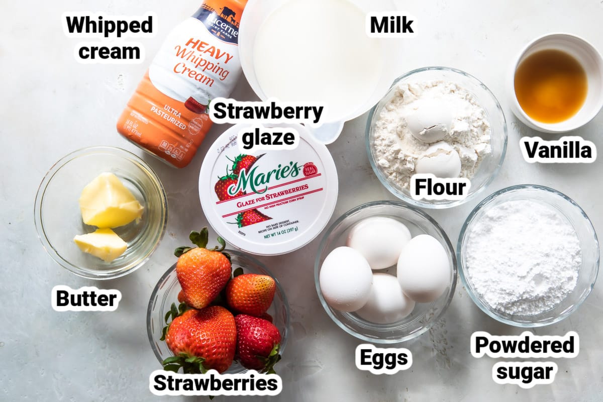 Labeled ingredients for strawberry crepes.