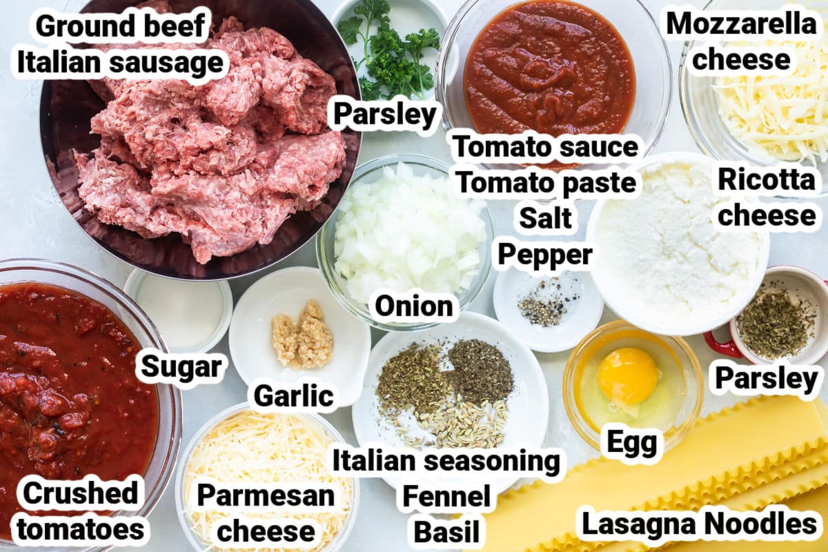 Labeled ingredients for the best make ahead lasagna.