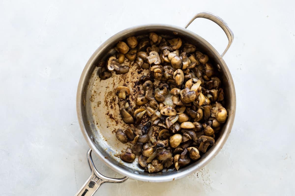 A skillet of balsamic mushrooms and onions.