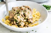 A bowl of beef stroganoff.