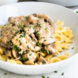 A bowl of beef stroganoff.