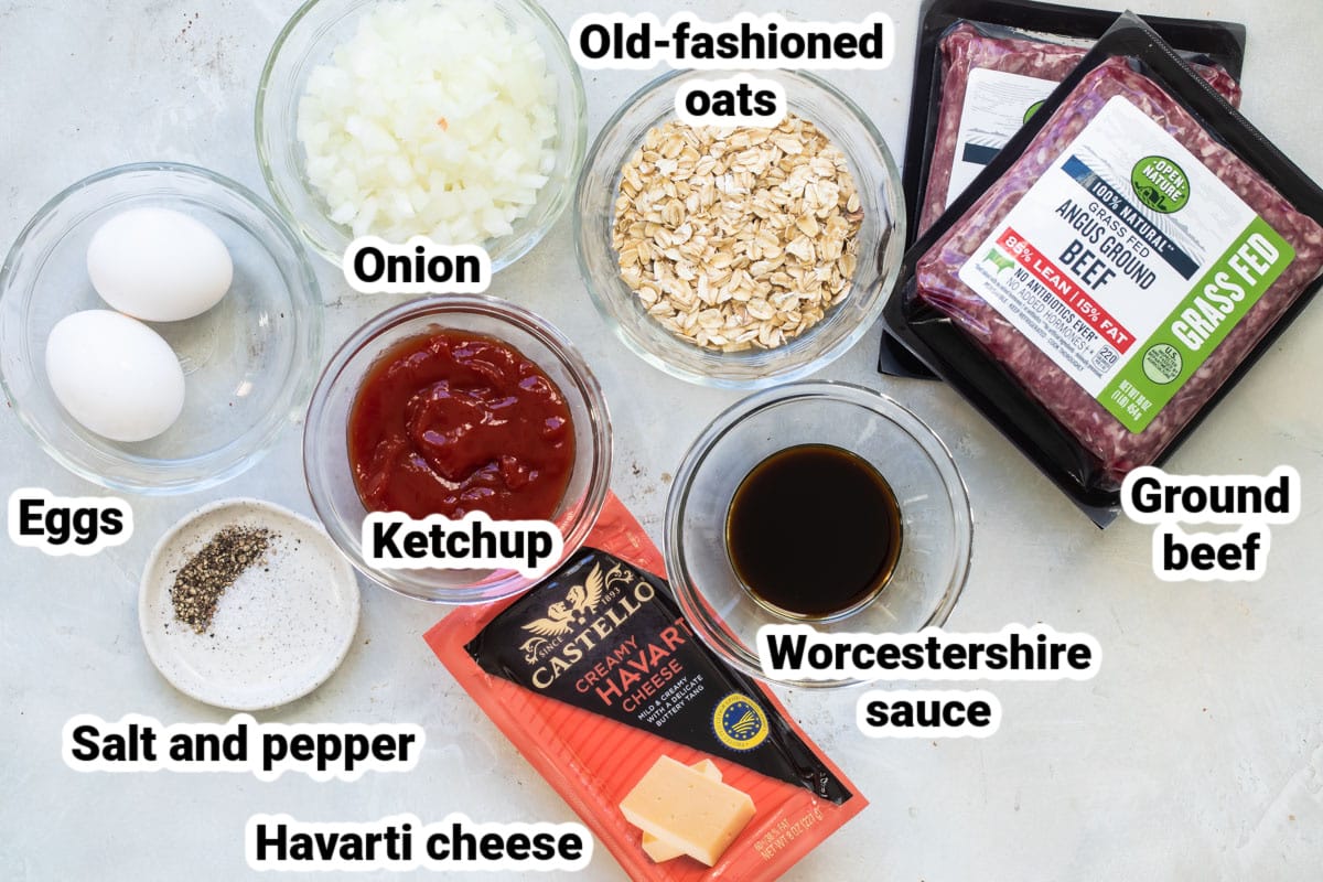 Labeled ingredients for cheesy meatloaf.