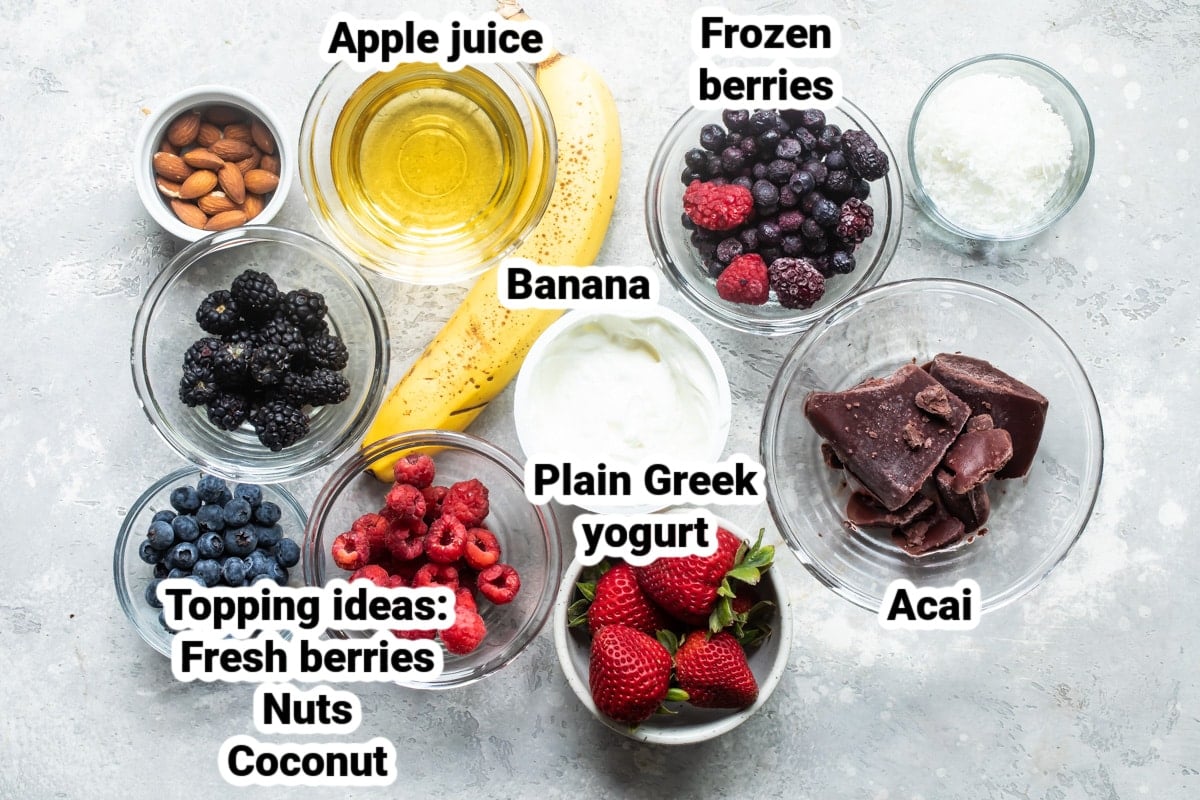 Labeled ingredients for an Easy Acai bowl.