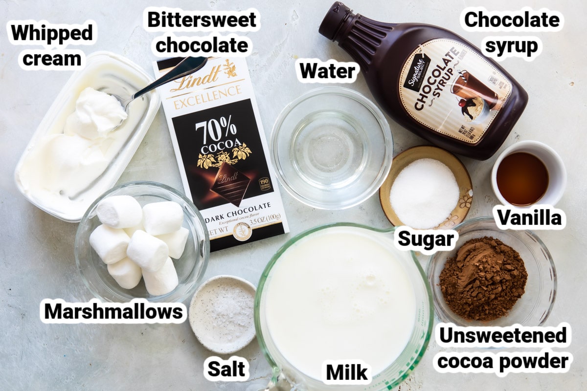 Labeled ingredients for hot chocolate.