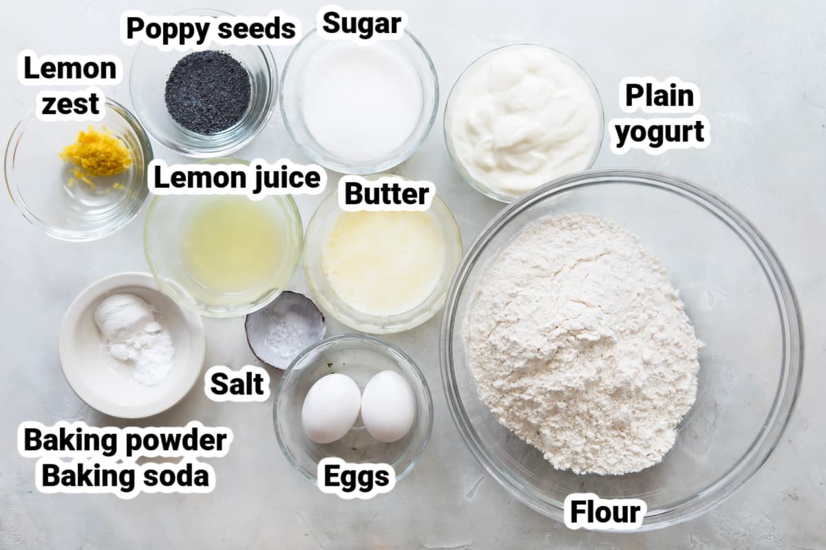 Labeled ingredients for lemon poppy seed muffins.
