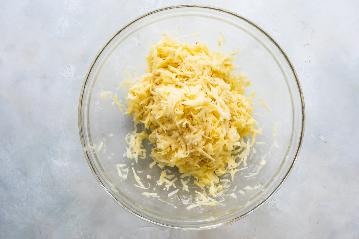 Shredded potatoes for making potato pancakes.