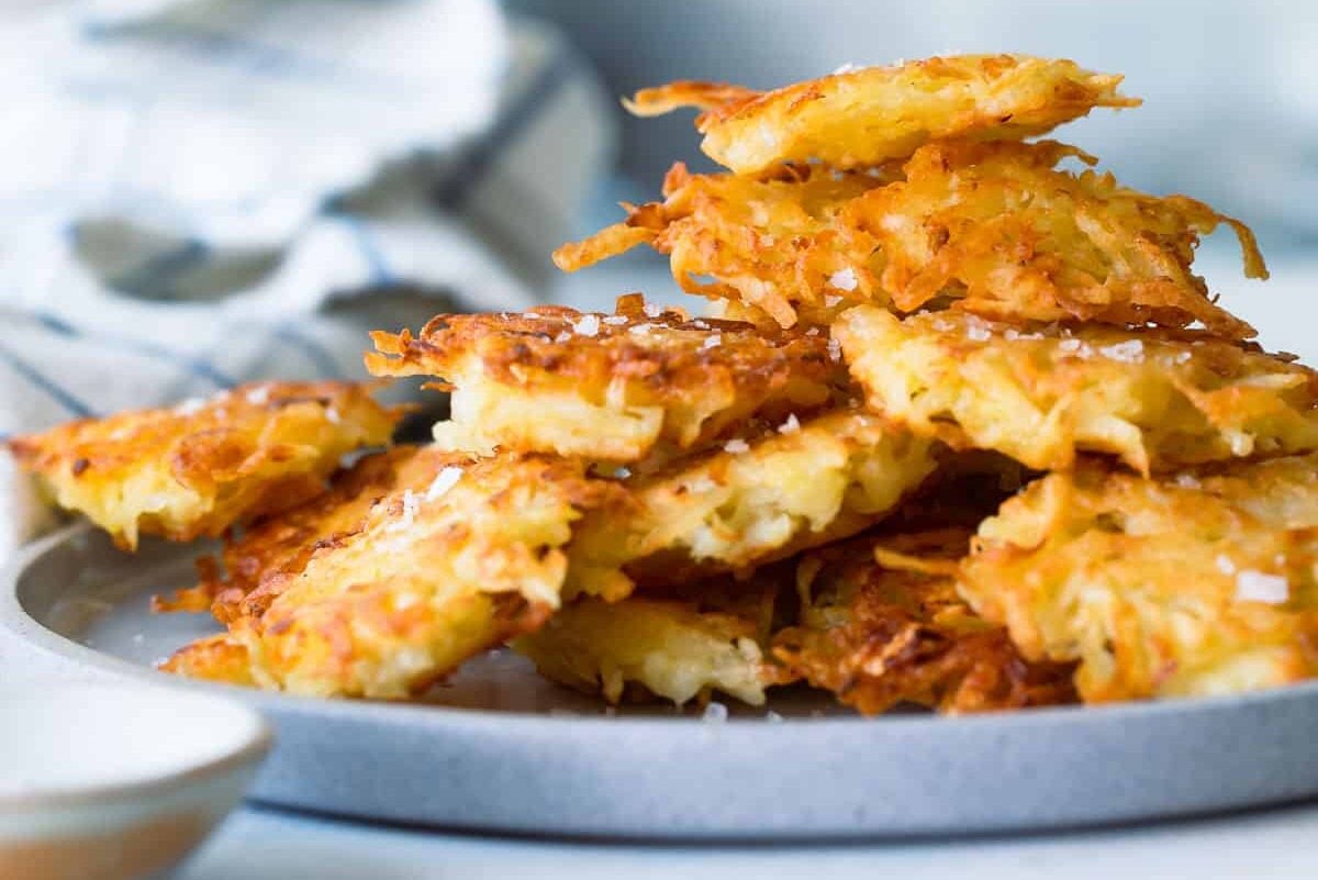 A pile of crispy potato pancakes.