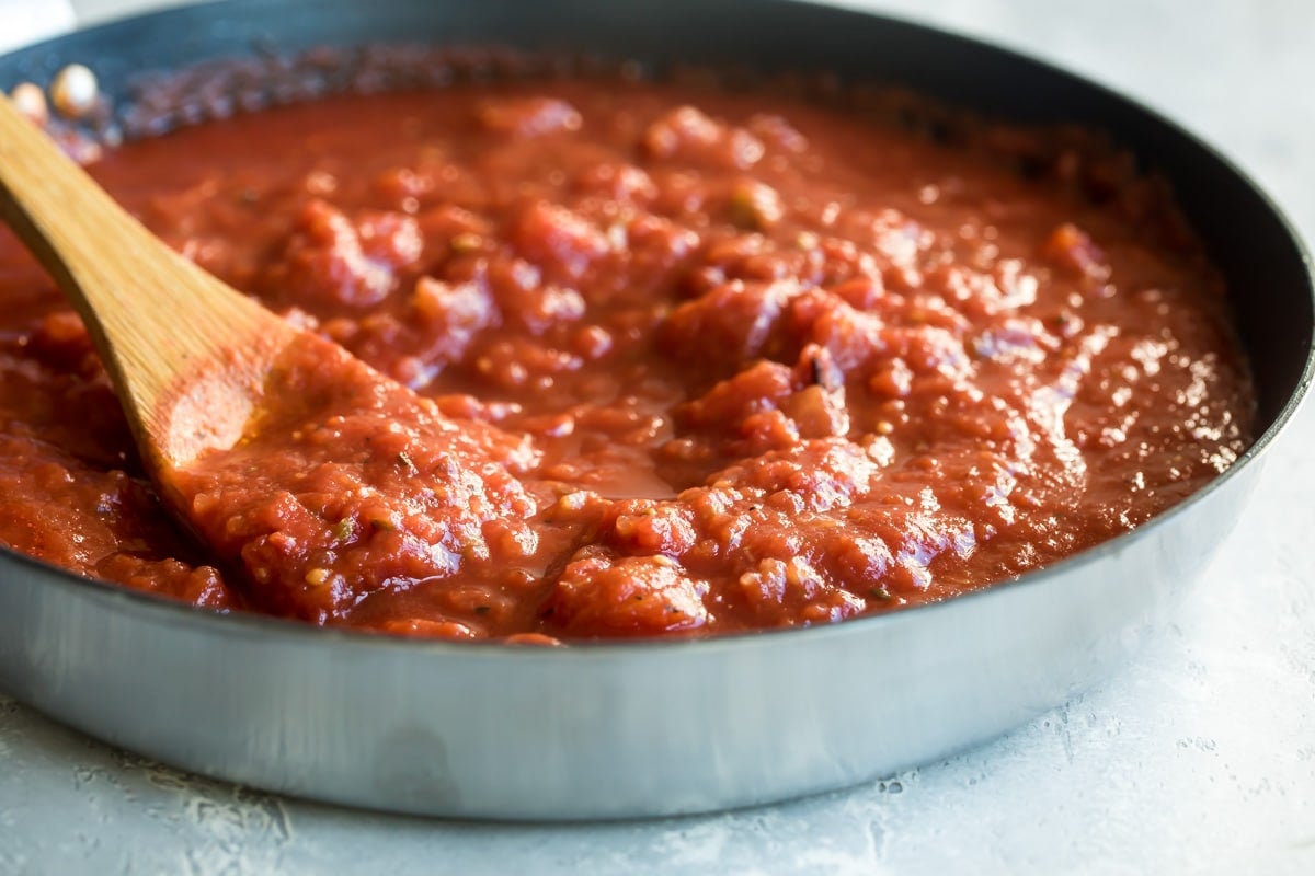 A saucepan with quick tomato sauce simmering in it.