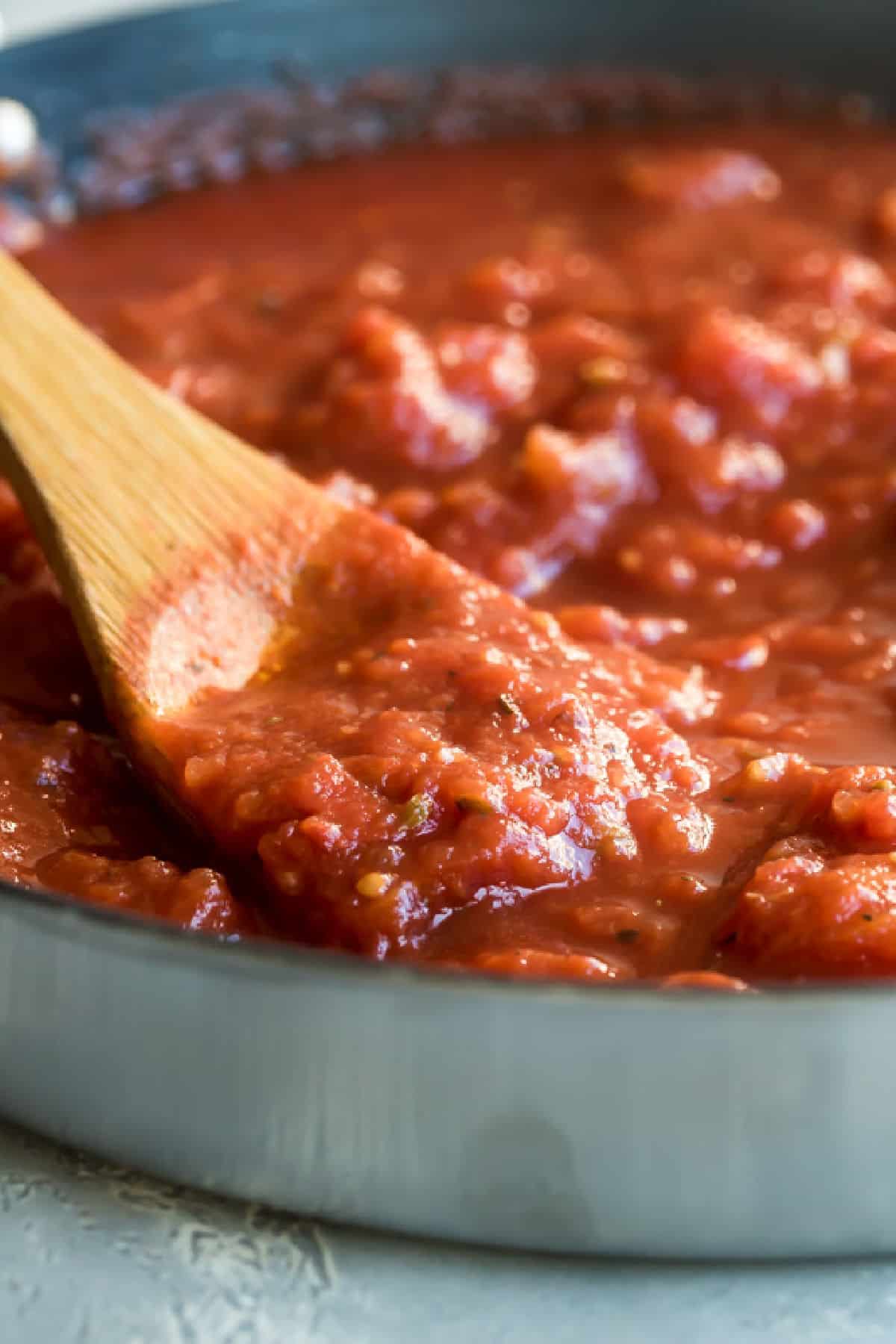 A saucepan with quick tomato sauce simmering in it.