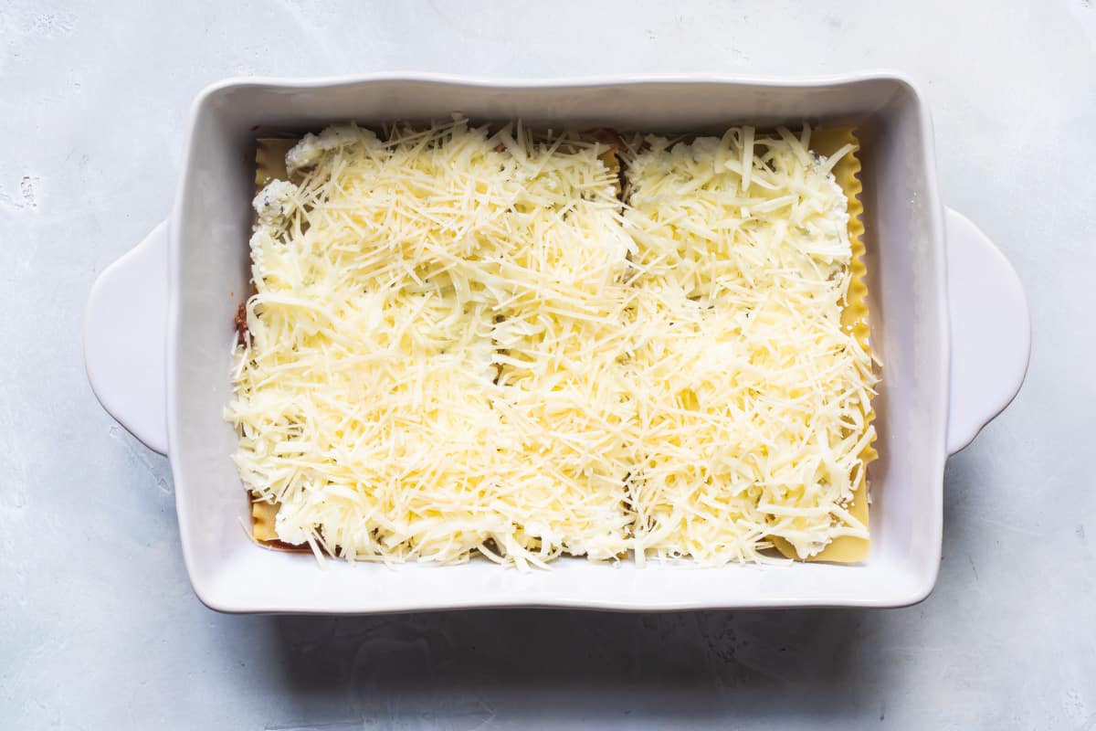 The best make ahead lasagna in a white baking dish.