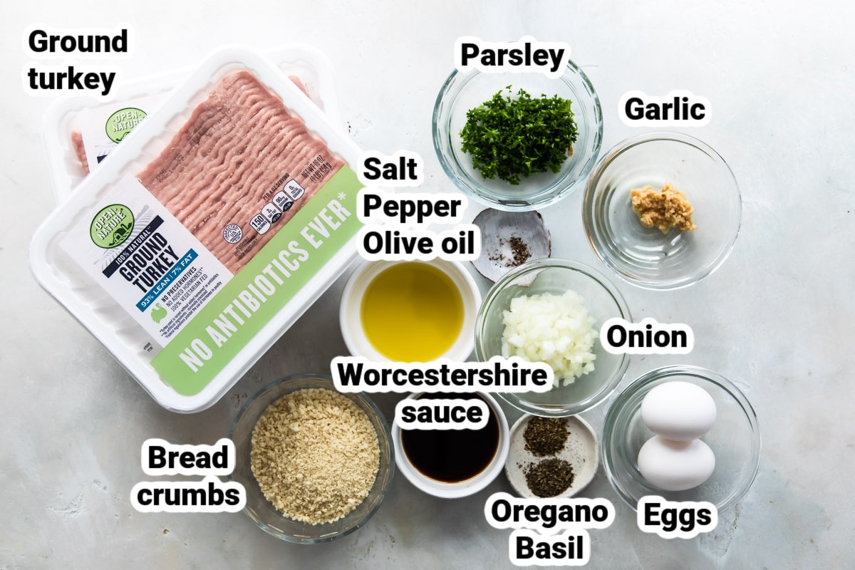 Labeled ingredients for air fryer meatballs.