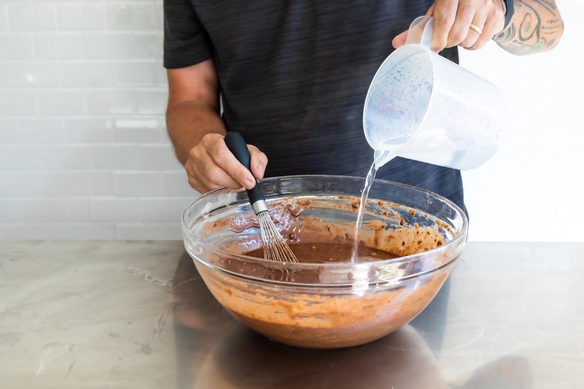 Mixing German chocolate cake batter.