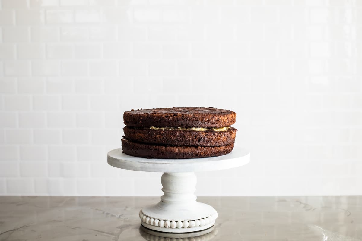 A German Chocolate Cake layered but unfrosted.