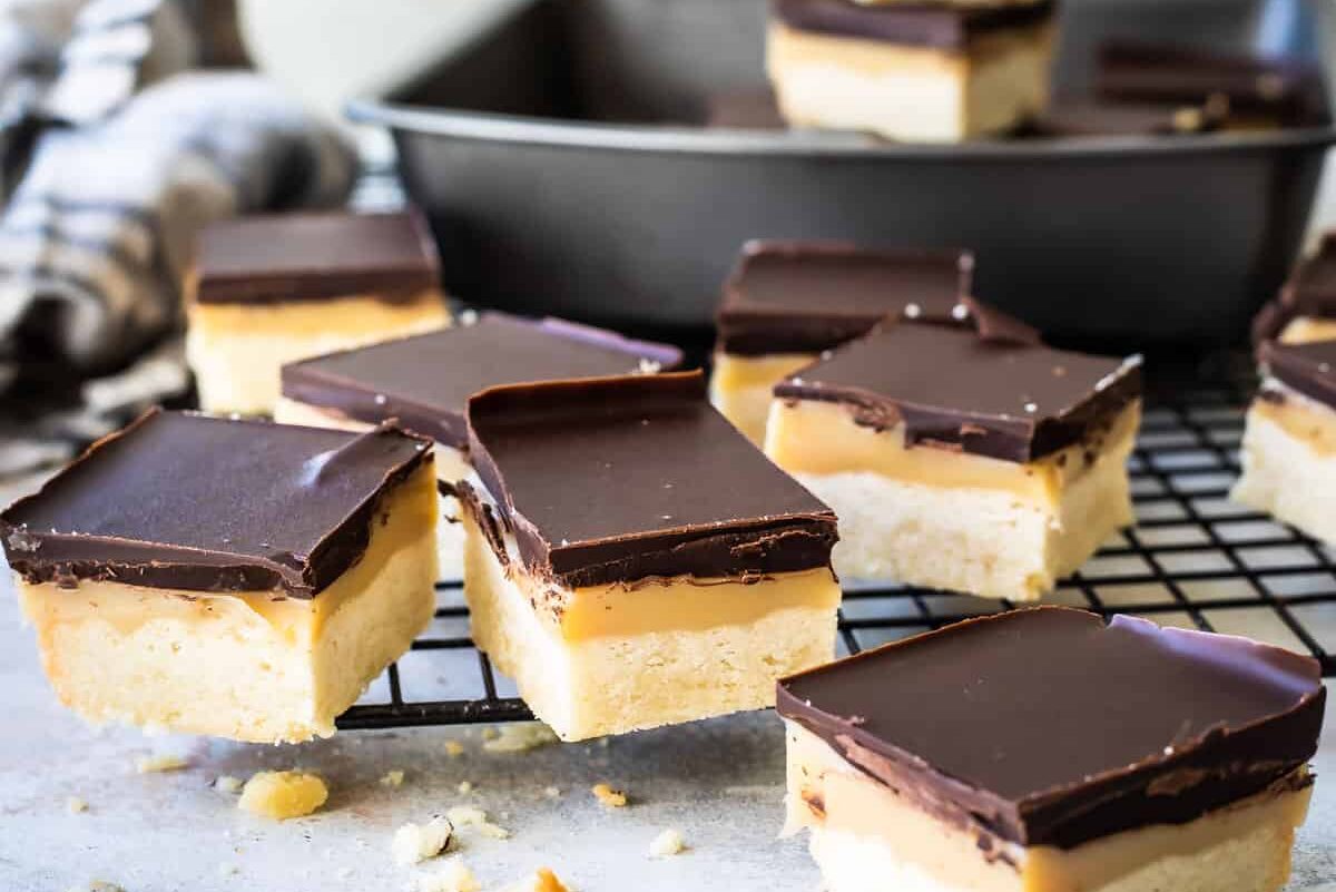 Squares of millionaire's shortbread.