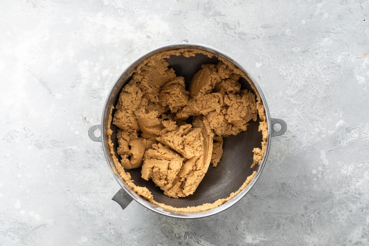 The filling of no-bake peanut butter bars in a mixing bowl.