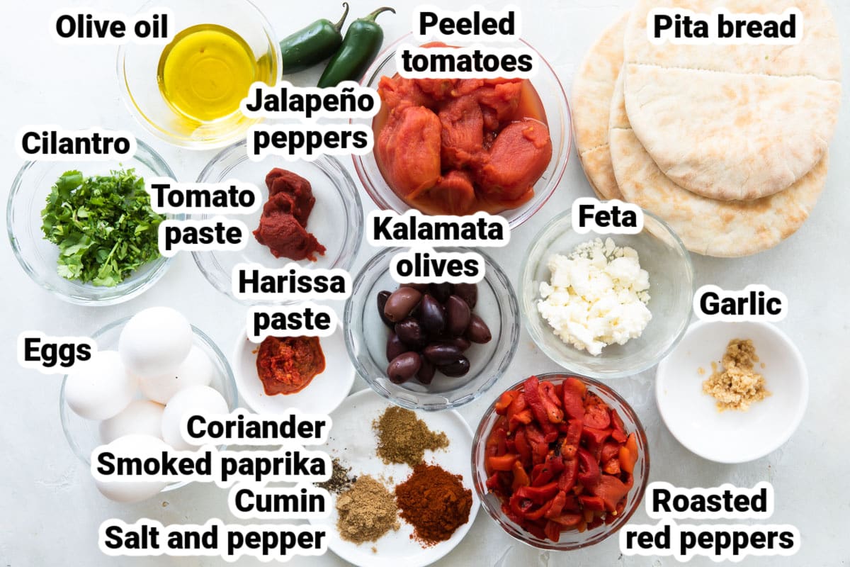Labeled ingredients for shakshouka.