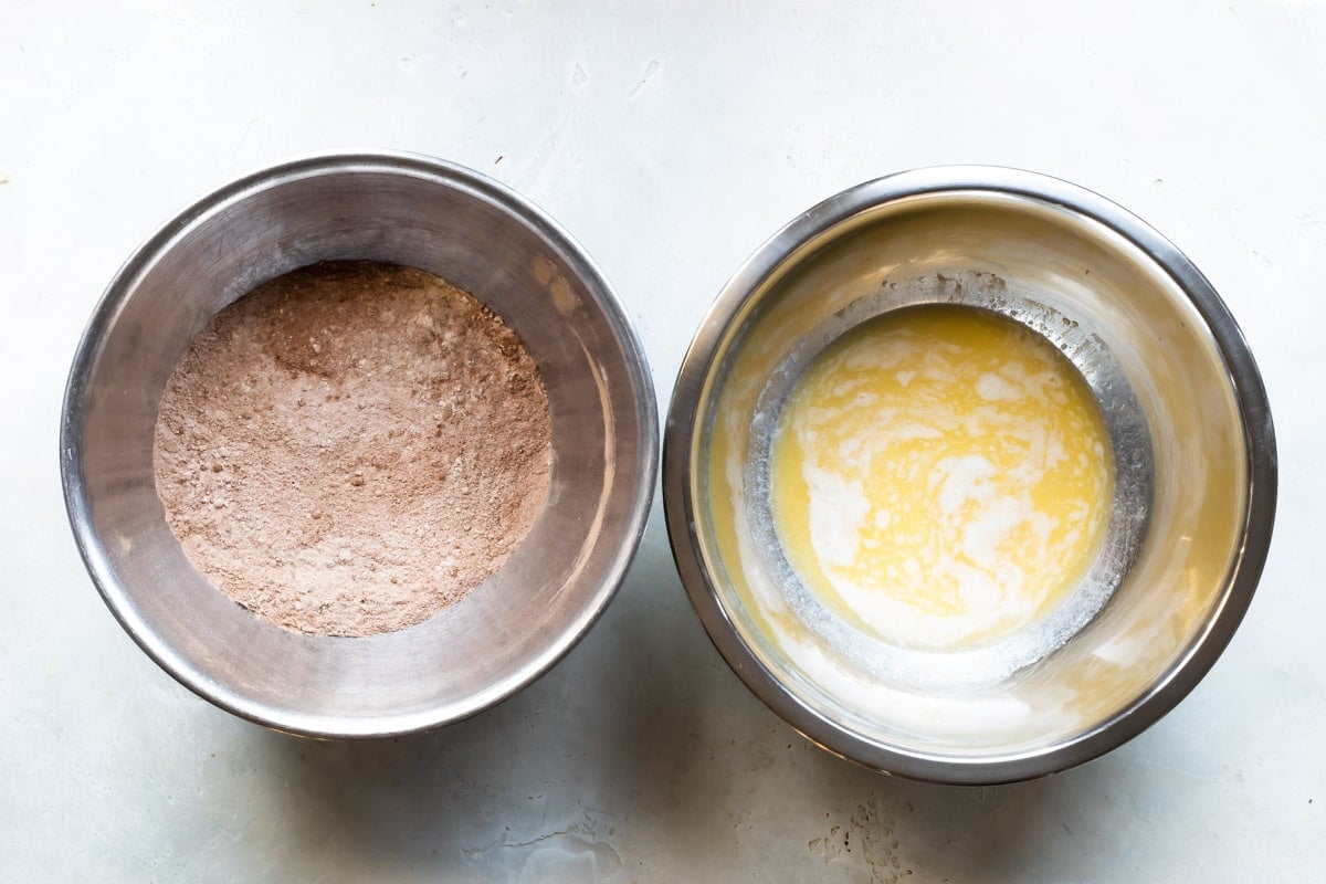 Preparing the batter for chocolate lava cake.