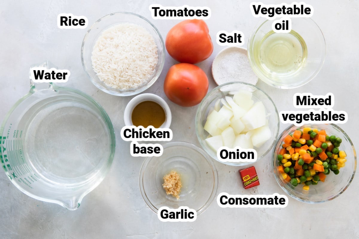 Labeled ingredients for Spanish rice.
