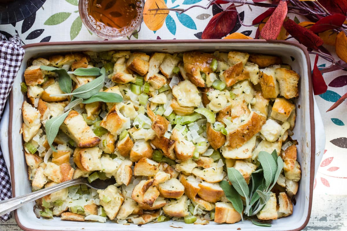 A pan of bread stuffing.