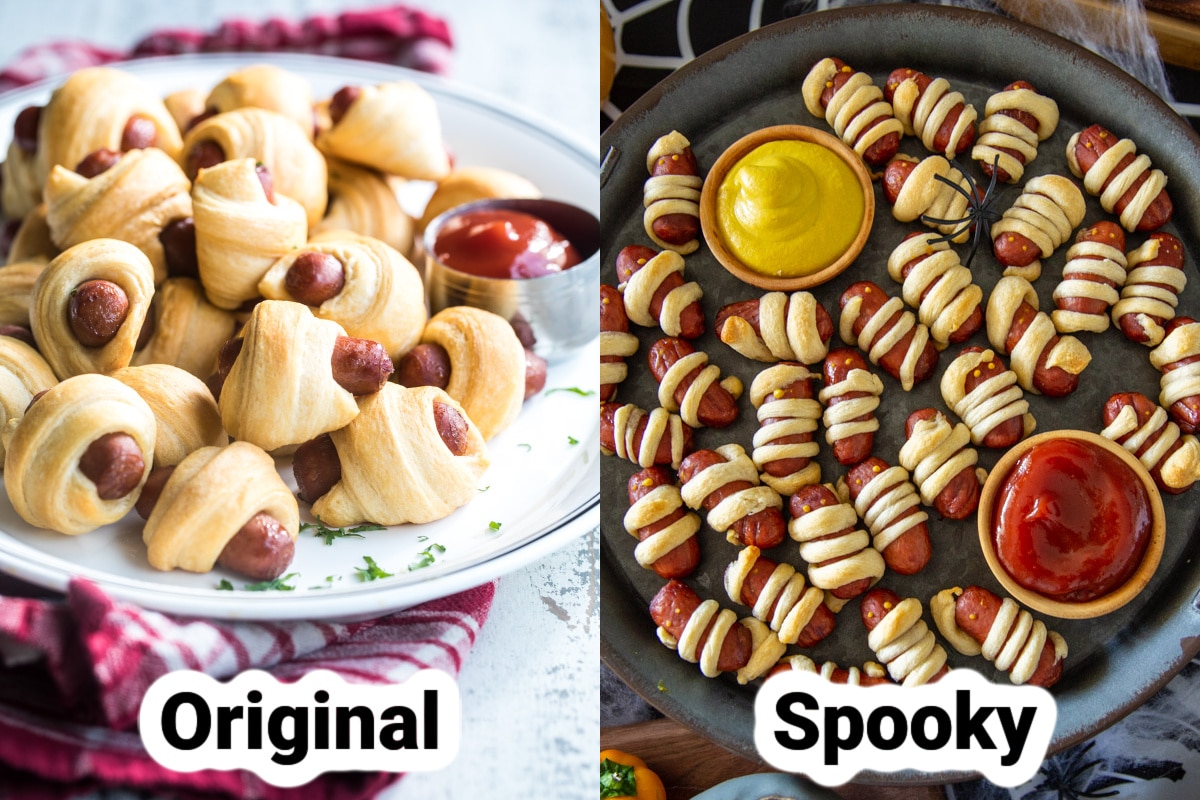 Side by side picture of regular pigs in a blanket and a Halloween party version.