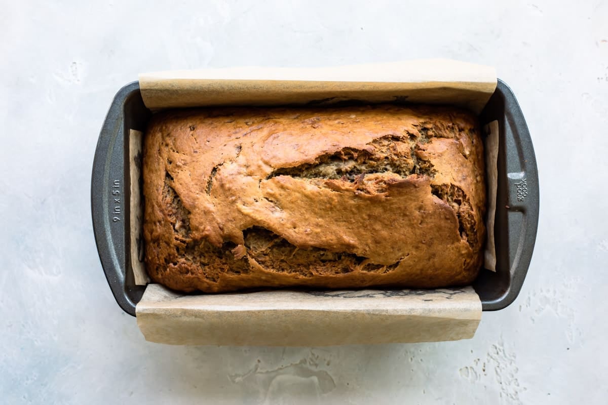 A loaf of baked banana bread.
