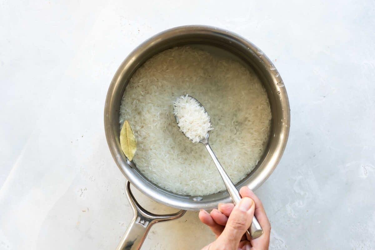 A pot of water and rice.