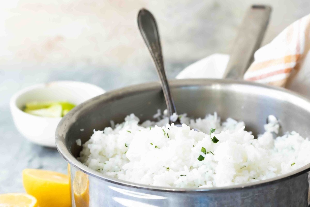 A pot of cooked rice.