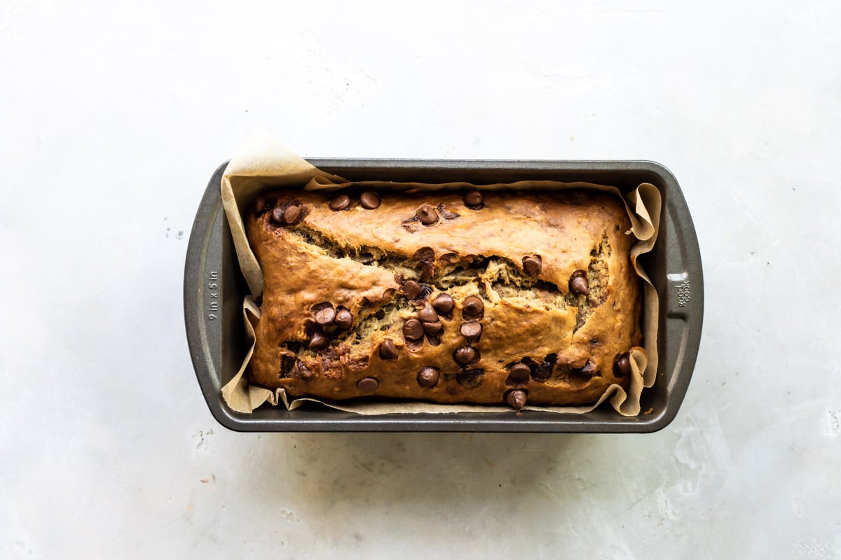 A loaf of baked banana bread.