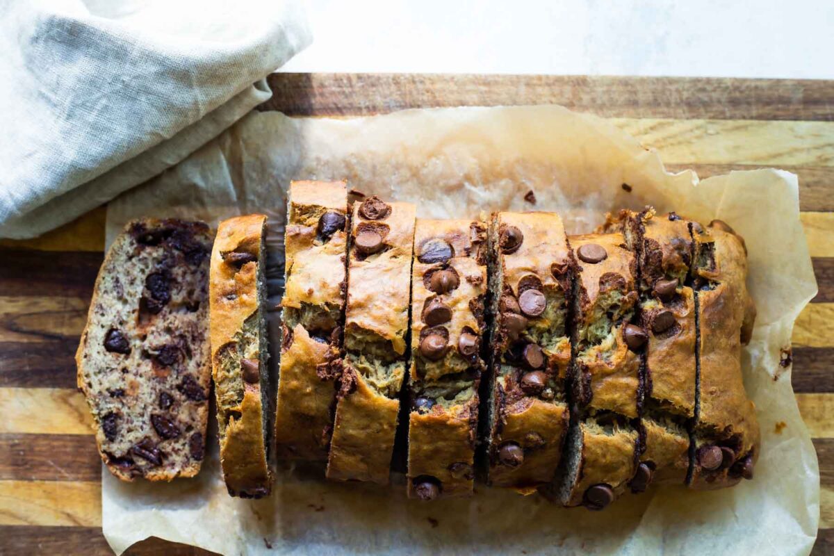 Slices of Chocolate Chip banana bread on a board.