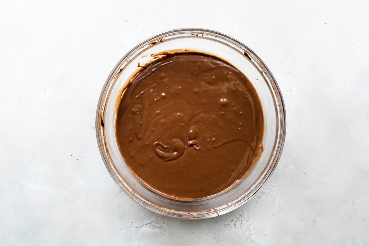 A bowl of chocolate cupcake batter.
