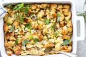 A baking dish full of classic bread stuffing.