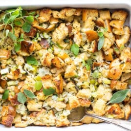 A baking dish full of classic bread stuffing.