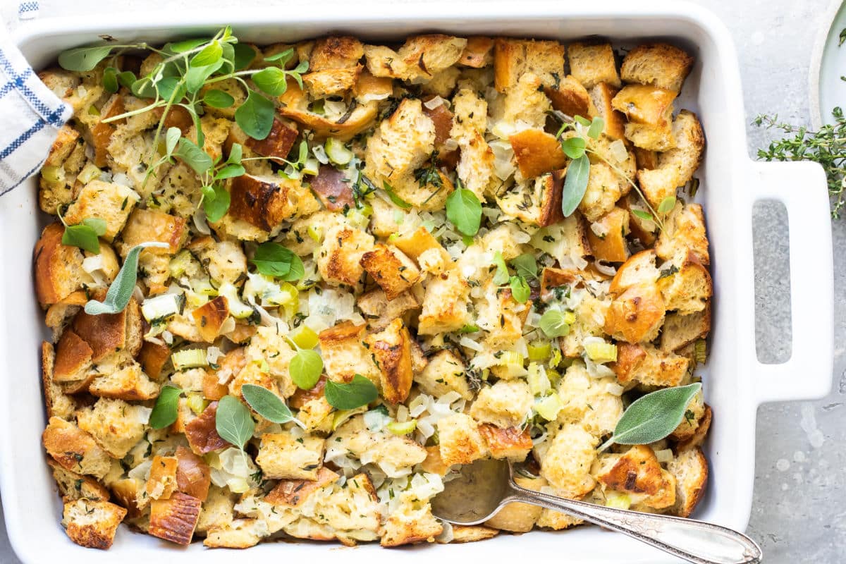 A baking dish full of classic bread stuffing.