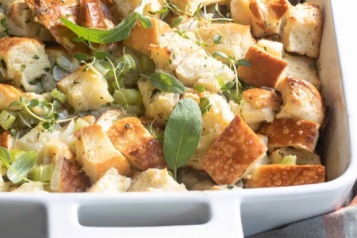 A baking dish full of classic bread stuffing.