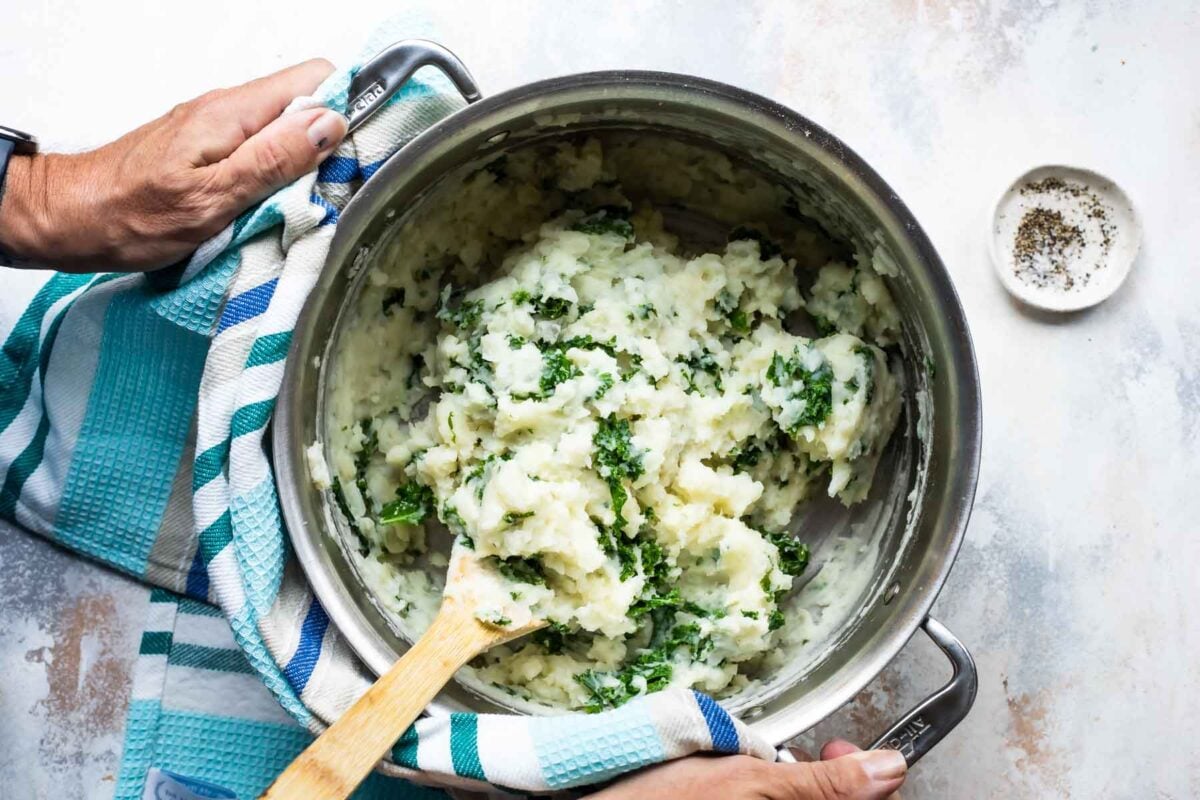 Colcannon in a silver stock pot.