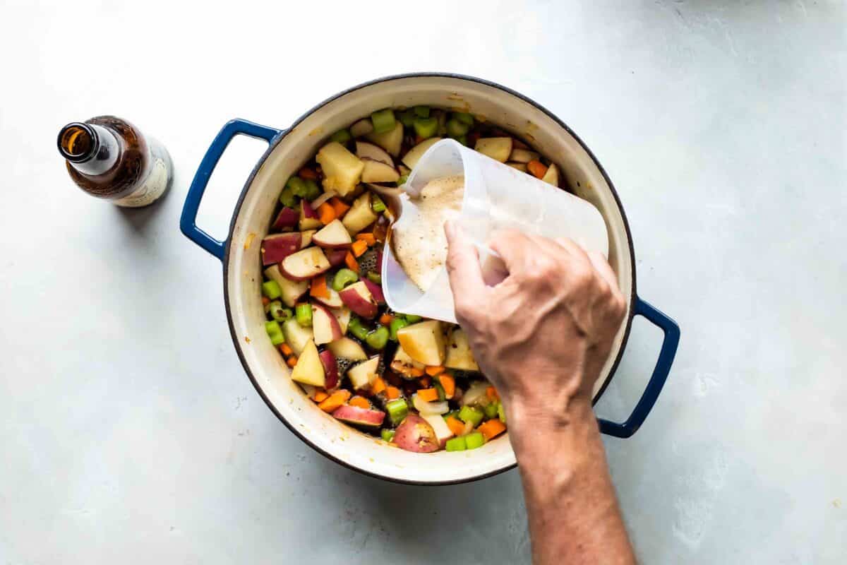 Vegetables and broth for Guinness Stew.