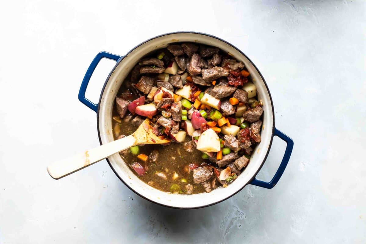 Vegetables and broth for Guinness Stew.