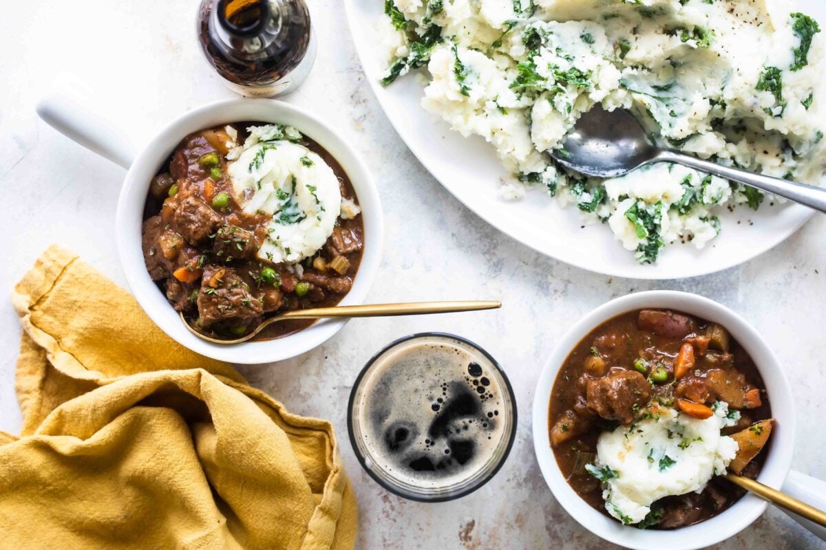 Bowls of Guinness Stew with Colcannon.