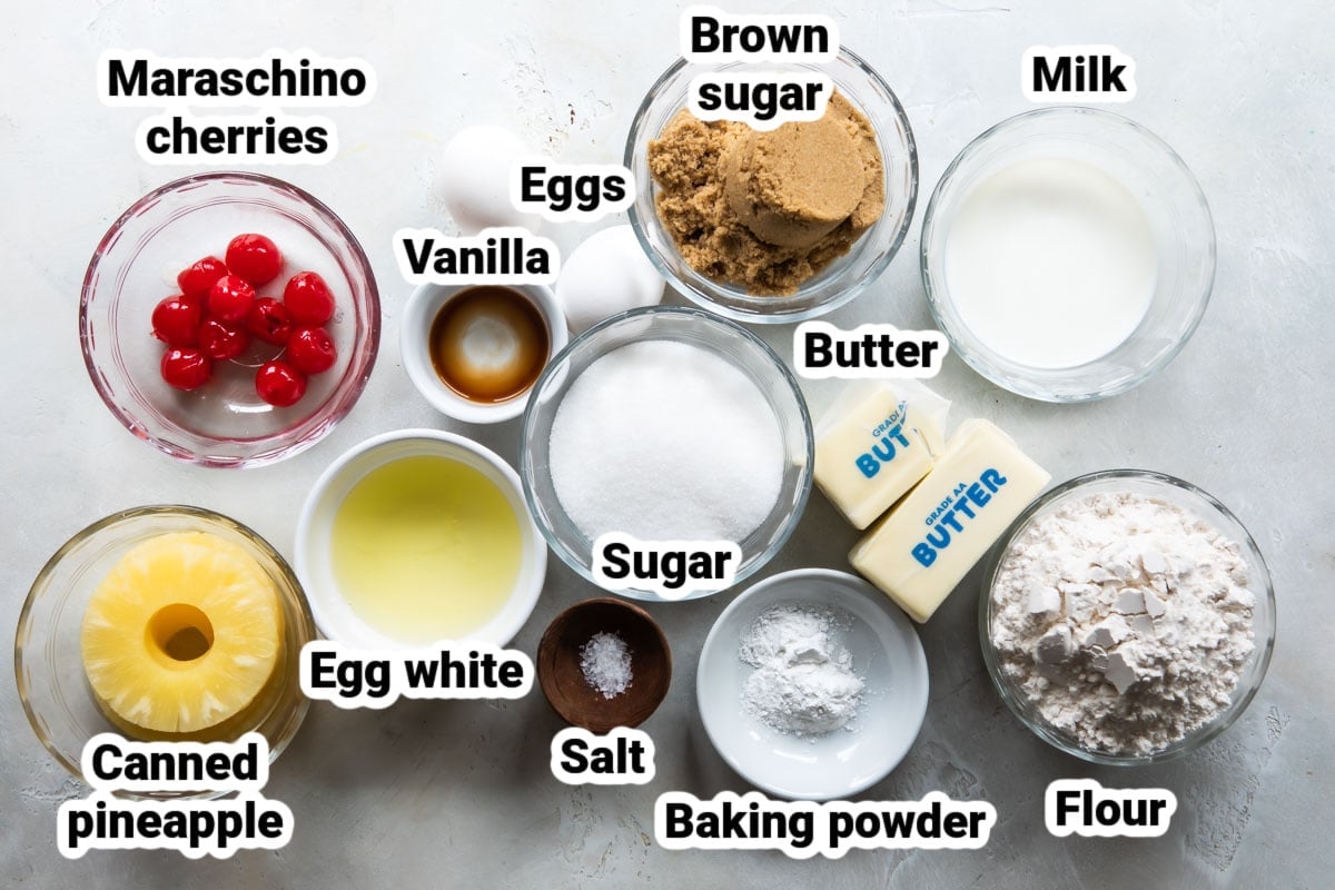 Labeled ingredients for pineapple upside down cake.